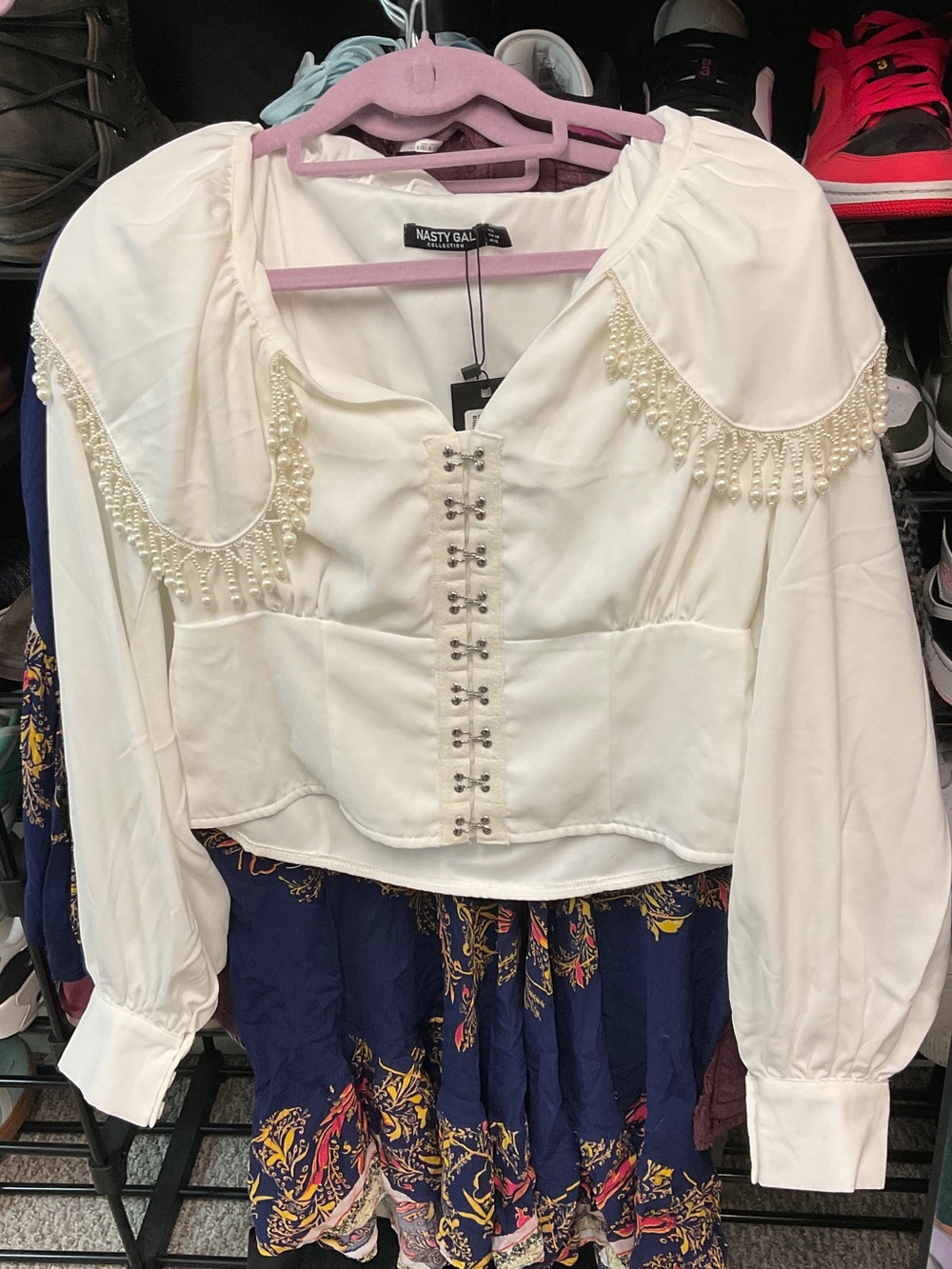 Nasty Gal Ivory Pearl-Trim Corset Blouse